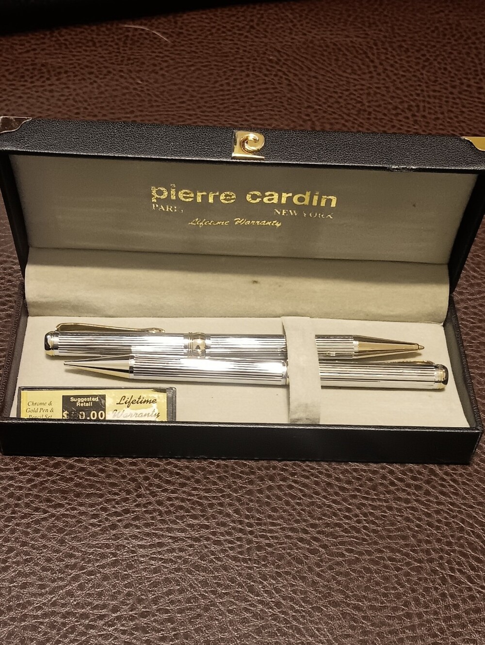 Pierre Cardin Silver and Gold Striated Ballpoint Pen And Pencil Set